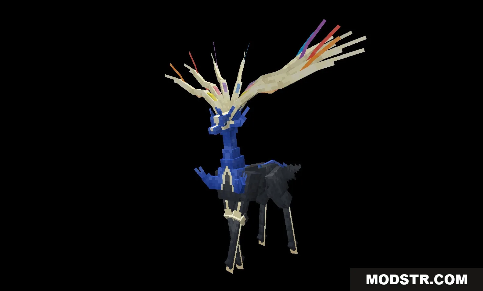 All the Mons Cobblemon Resource Pack Screenshot 2 Detailed Minecraft Xerneas model with colorful antlers on a black background