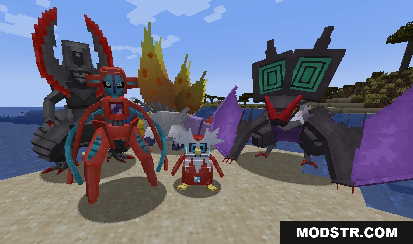 All the Mons Cobblemon Resource Pack Screenshot 8 A group of unique Pokemon models standing together on a sandy beach