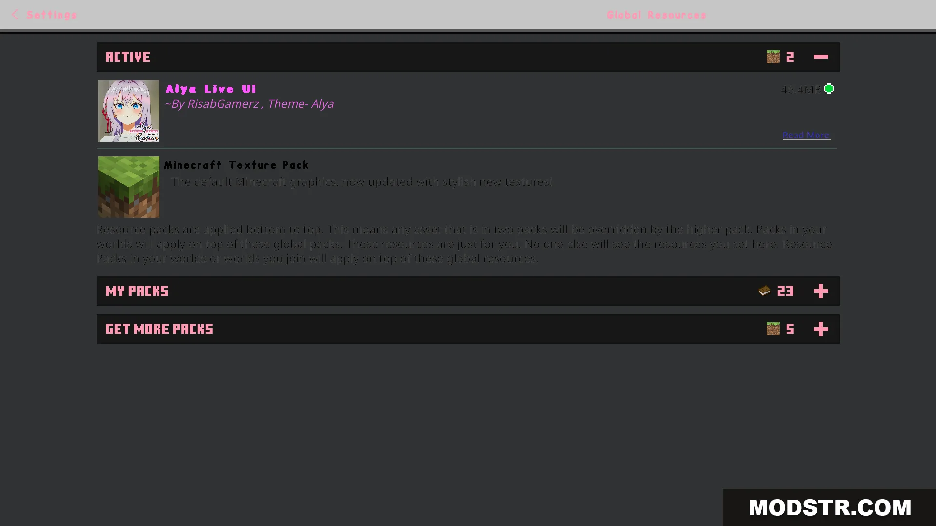Alya UI Texture Pack Screenshot 2 Alya UI Texture Pack settings menu with a bright pink and red theme