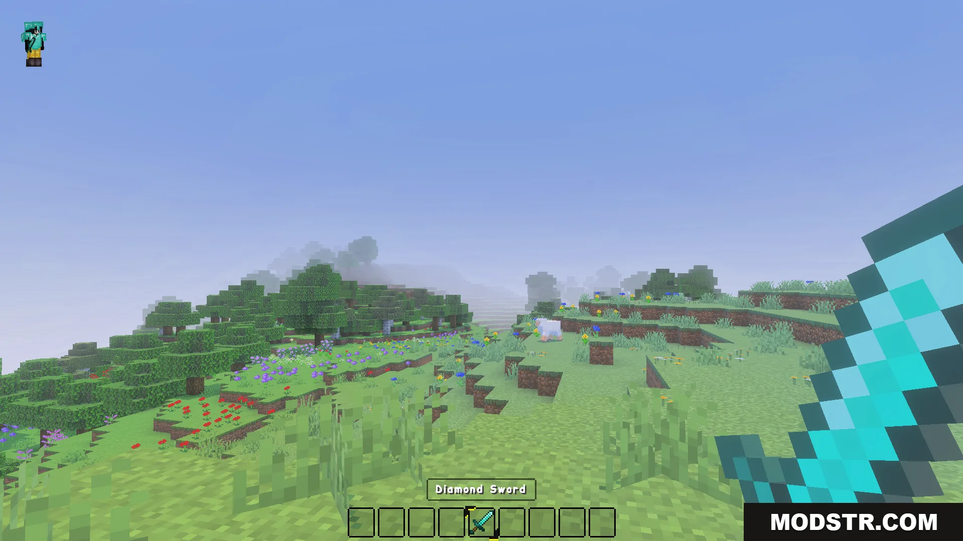 Alya UI Texture Pack Screenshot 9 first person view showing clear transparent hotbar and diamond sword