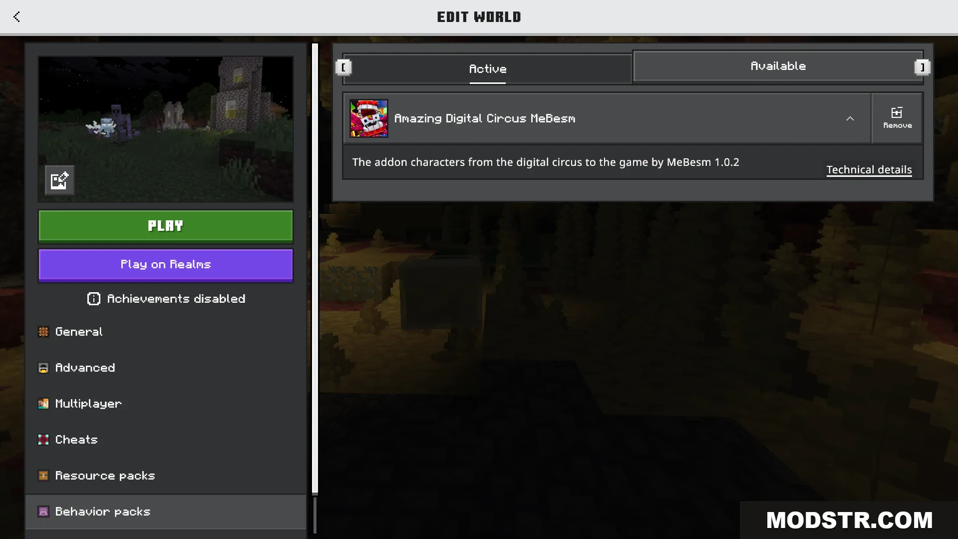 Amazing Digital Circus Addon Screenshot 1 Minecraft world edit screen showing the active Amazing Digital Circus behavior pack