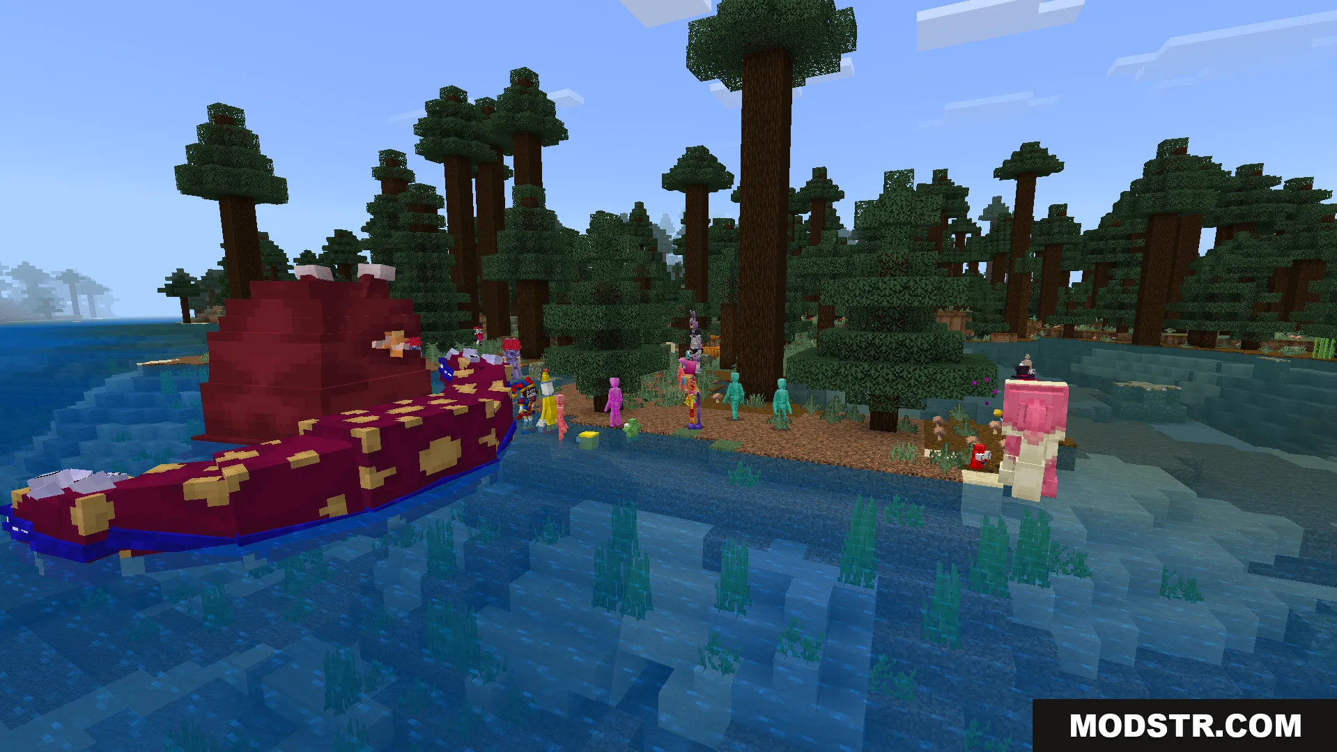 Amazing Digital Circus Addon Screenshot 8 Long red creature with yellow spots in water near characters on shore