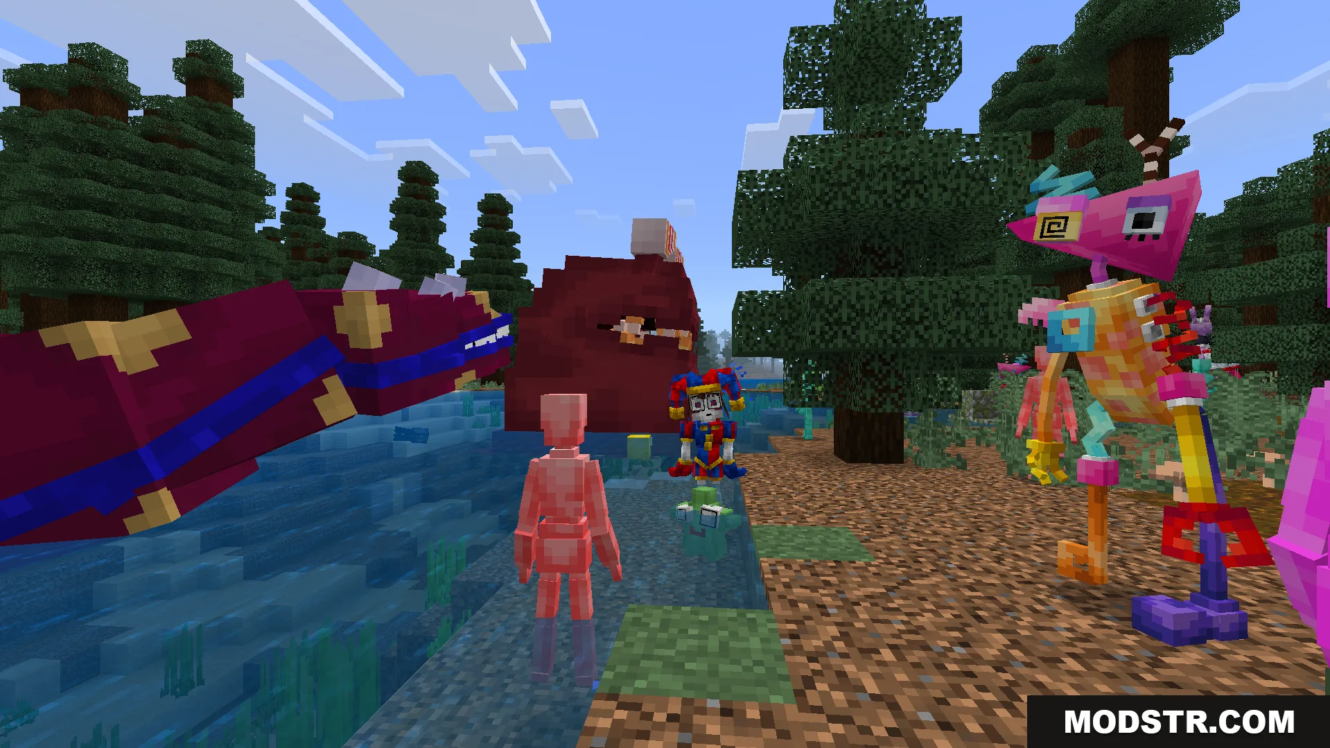 Amazing Digital Circus Addon Screenshot 9 Various characters from the Amazing Digital Circus addon in a forest biome