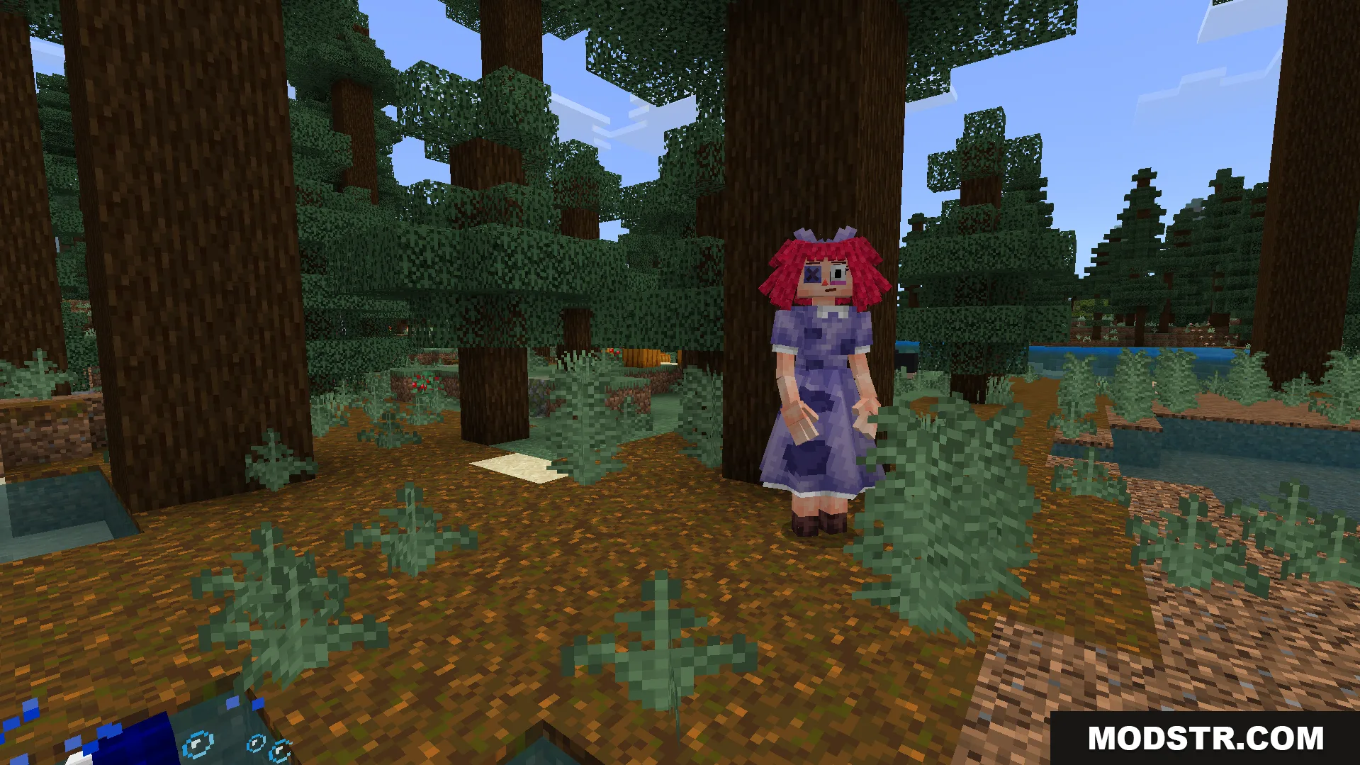 Amazing Digital Circus Addon Screenshot 2 A character from the animated show standing in a spruce forest biome