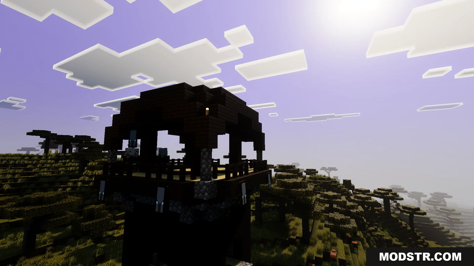 Anima Shader Screenshot 4 A pillager outpost stands in a savanna biome under a bright purple sky