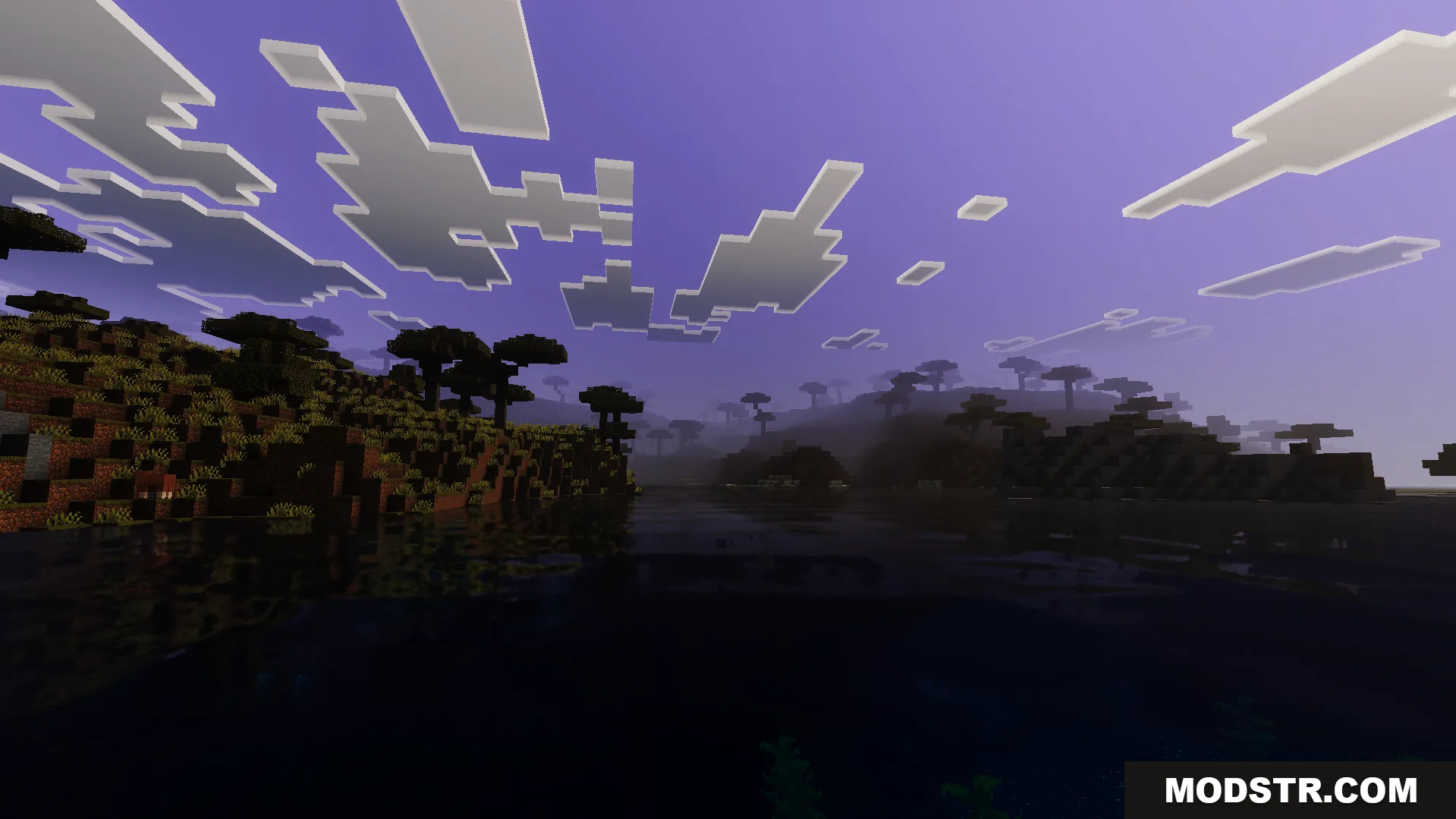 Anima Shader Screenshot 3 Dynamic water reflections and realistic shadows during a beautiful sunset in the savanna