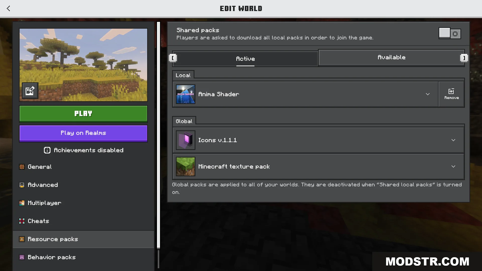 Anima Shader Screenshot 1 Minecraft settings menu showing active resource packs in the edit world screen
