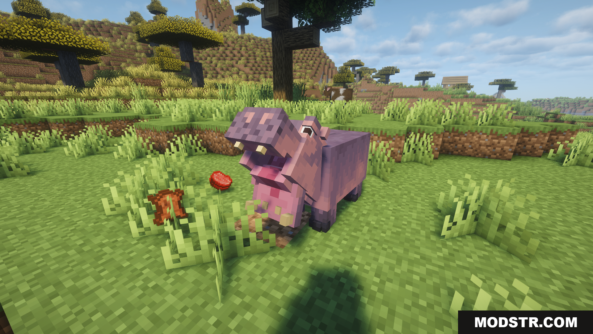 Animal Garden Hippopotamus Mod Screenshot 10 A purple hippo with its mouth open in a savanna