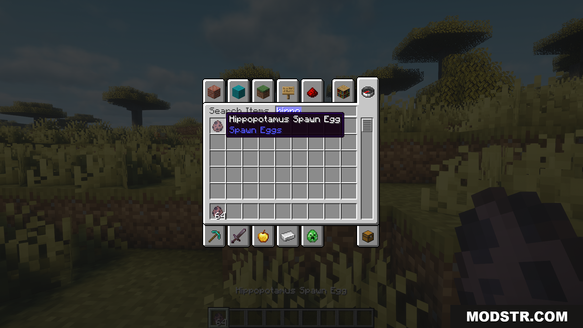 Animal Garden Hippopotamus Mod Screenshot 2 Searching for the Hippopotamus Spawn Egg in the inventory