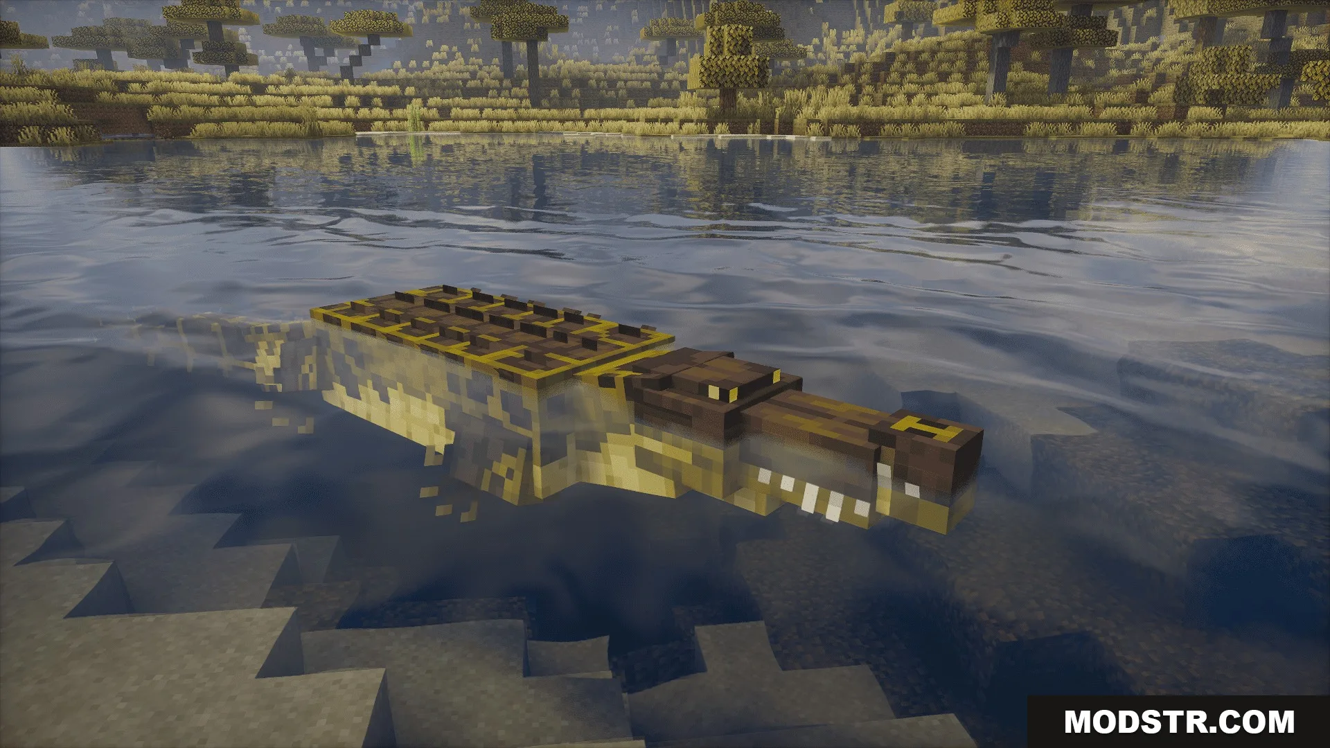 Animalia Exotica Mod Screenshot 3 A large brown crocodile swimming through clear water in a savanna biome