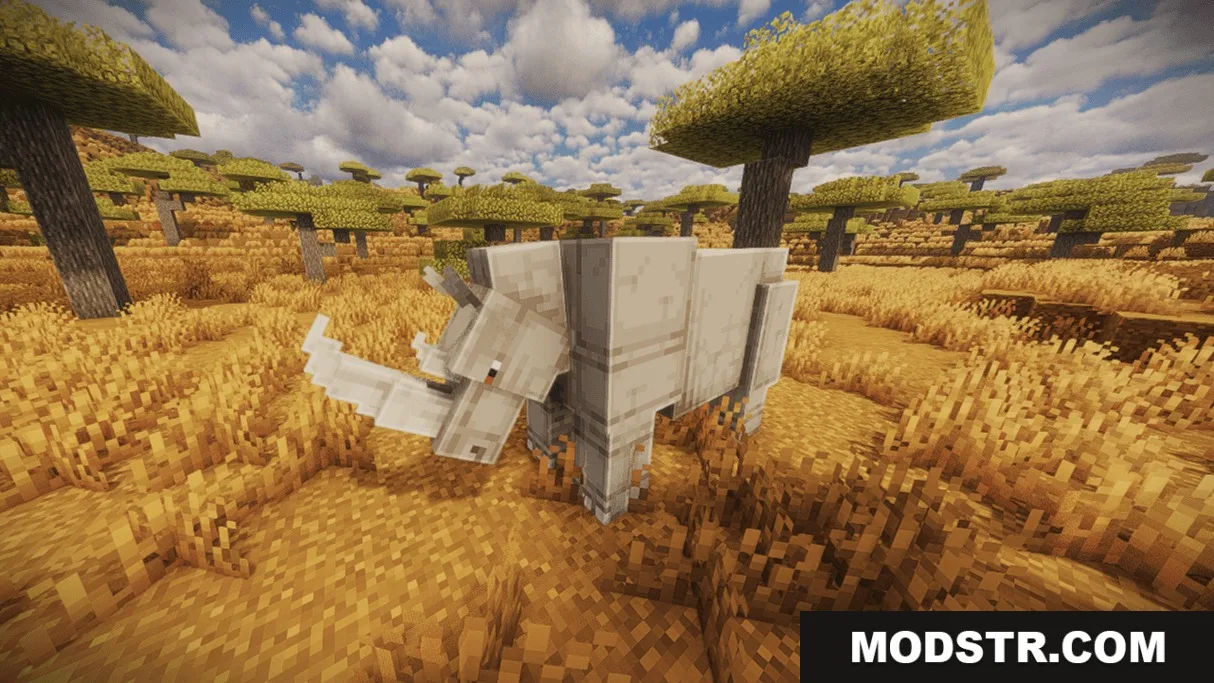 Animalia Exotica Mod Screenshot 7 A large white rhinoceros standing in a grassy savanna biome with acacia trees