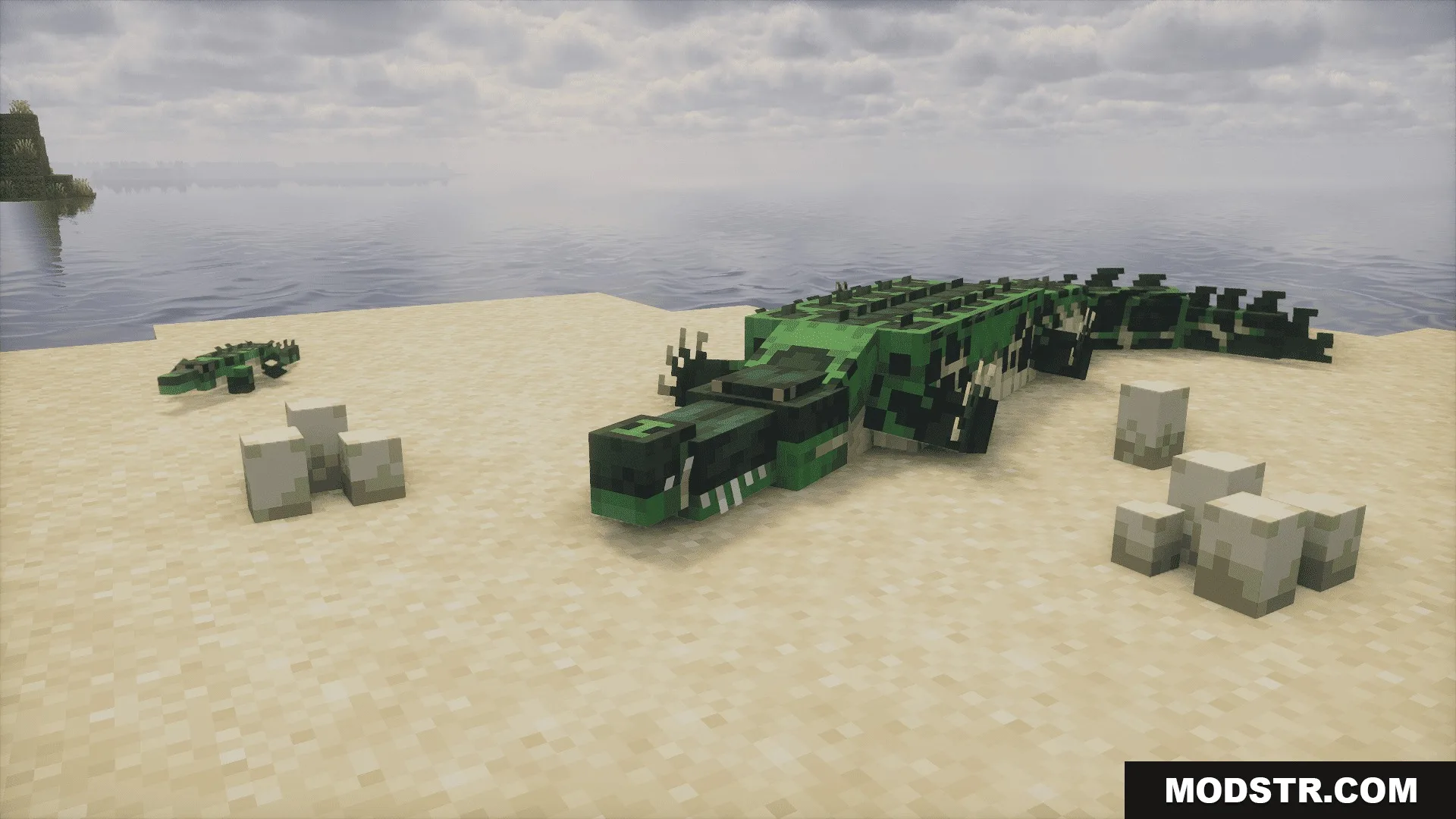 Animalia Exotica Mod Screenshot 4 A green crocodile resting on a sandy beach with eggs and its baby