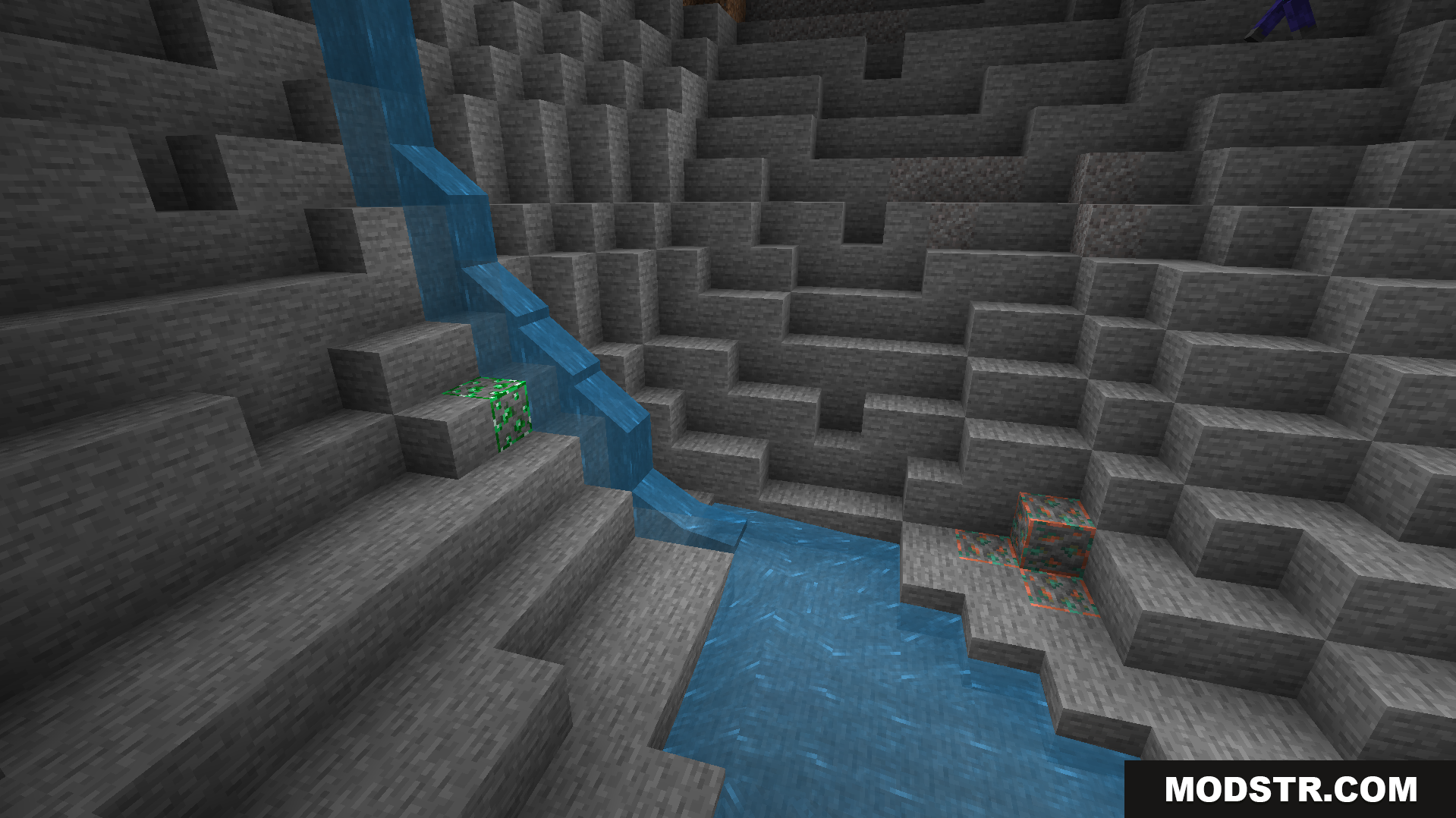 Animated Glowing Ores Texture Pack Screenshot 4 Glowing ores light up a dark cave next to a stream