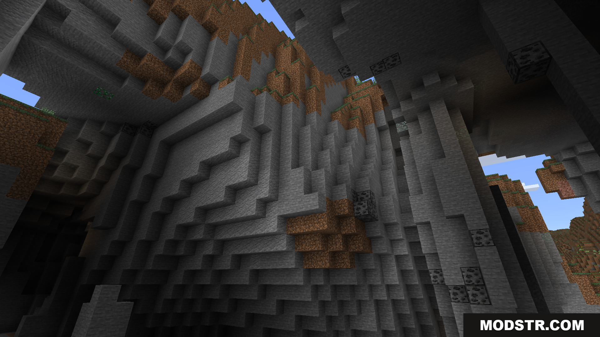 Animated Glowing Ores Texture Pack Screenshot 5 Brightly glowing coal ore is visible on high cave walls