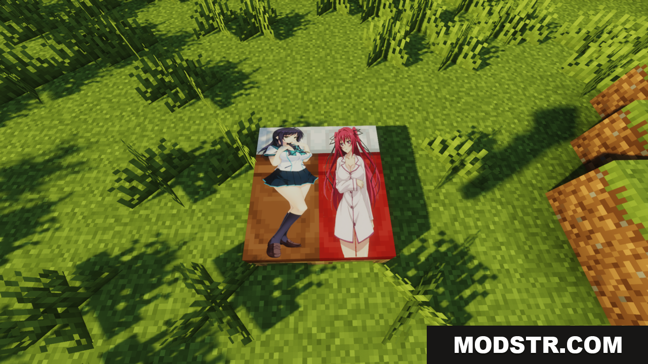 Anime Waifu Beds Resource Pack Screenshot 7 A double bed with custom anime character textures on grass