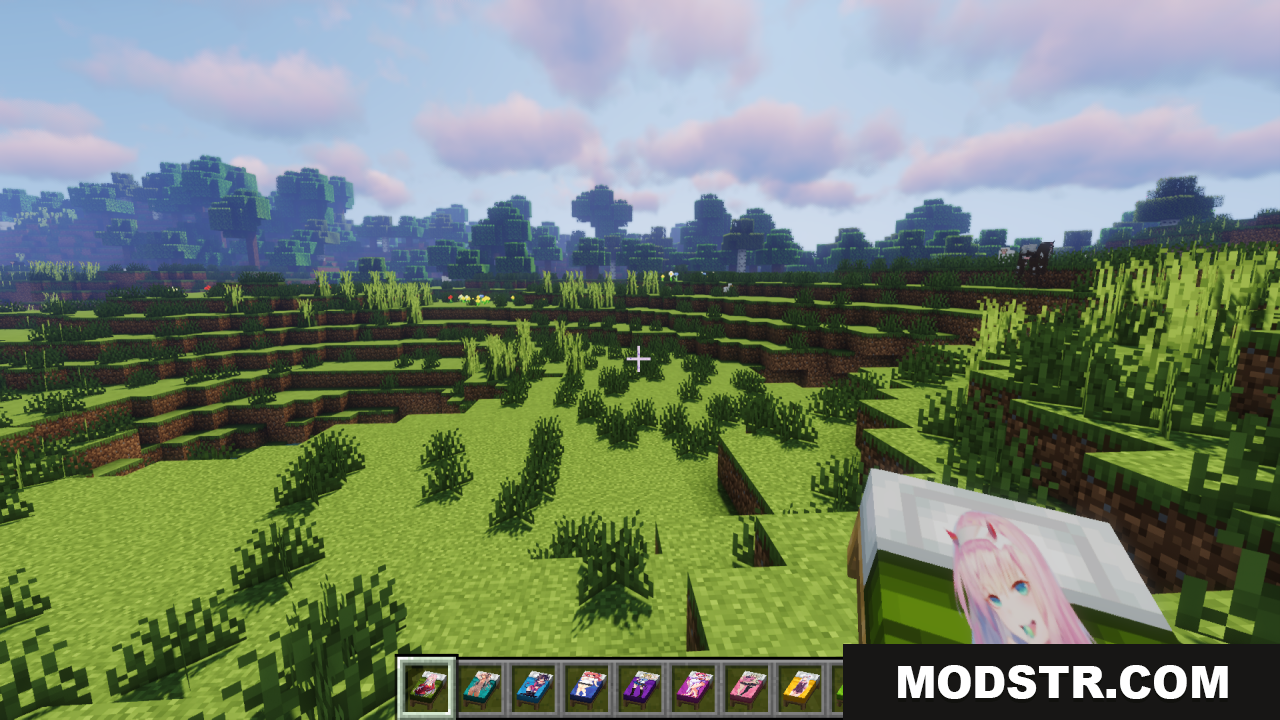 Anime Waifu Beds Resource Pack Screenshot 10 Player holding a bed with a pink-haired anime girl