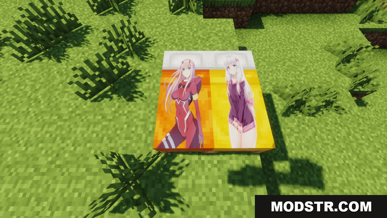 Anime Waifu Beds Resource Pack Screenshot 8 An orange and yellow double bed featuring two anime girls