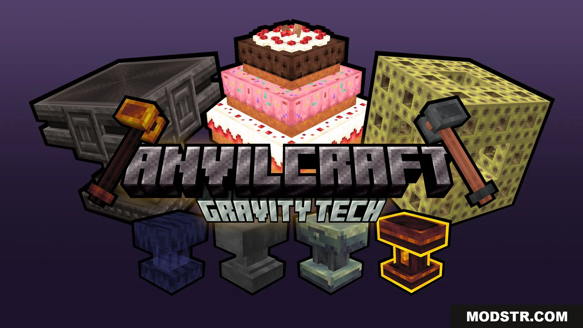Anvil Craft Mod Screenshot 2 Promotional banner for AnvilCraft Gravity Tech showing various anvils and hammers