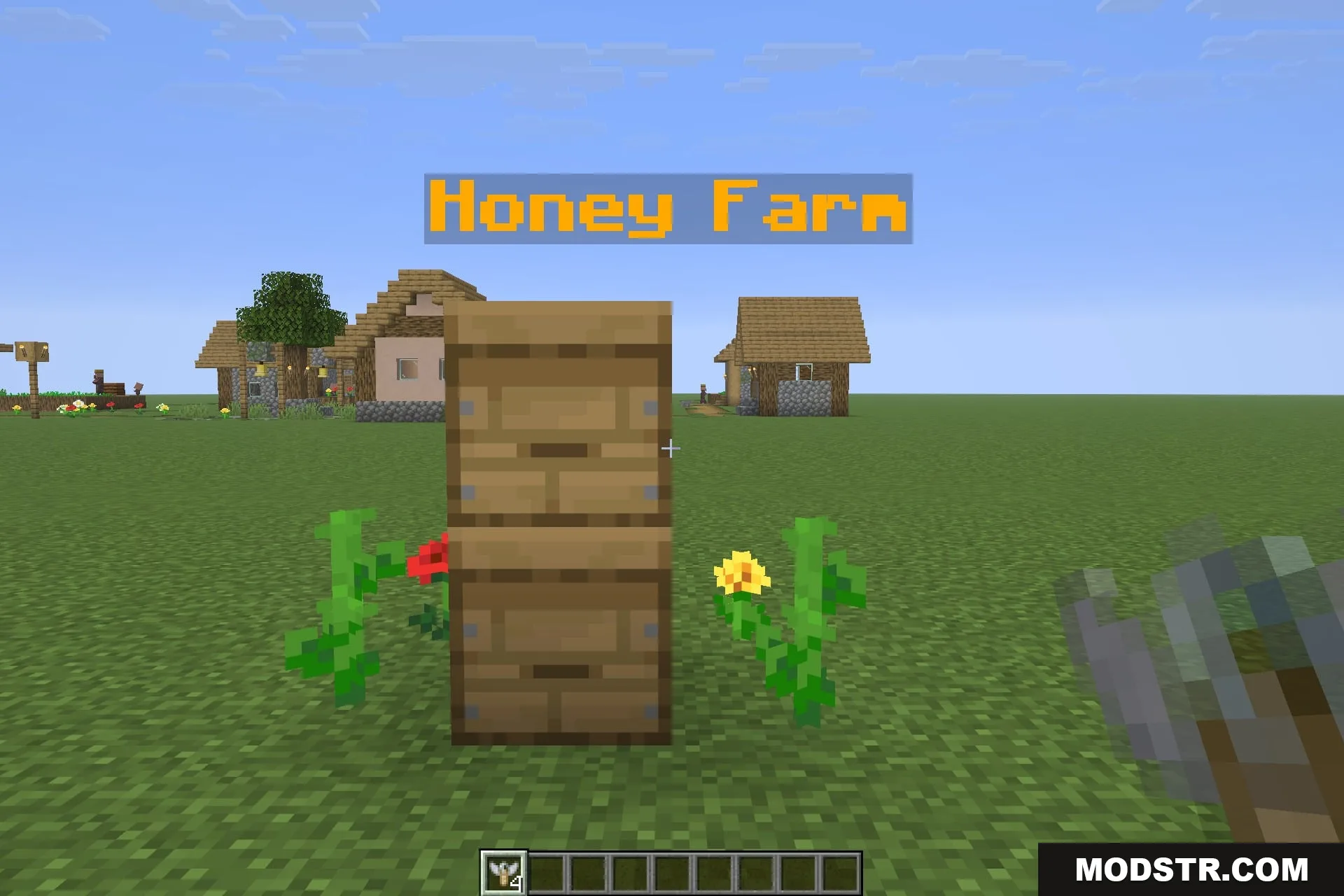 A close-up of a beehive labelled Honey Farm