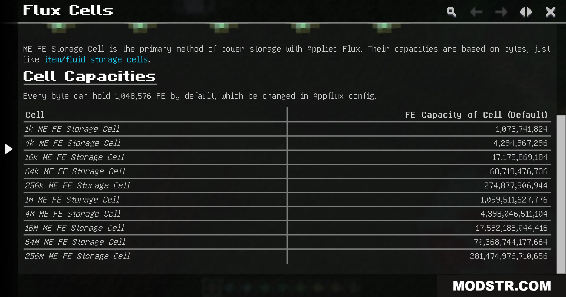 App Flux Mod Screenshot 6 A table listing the energy capacities for various tiers of flux cells