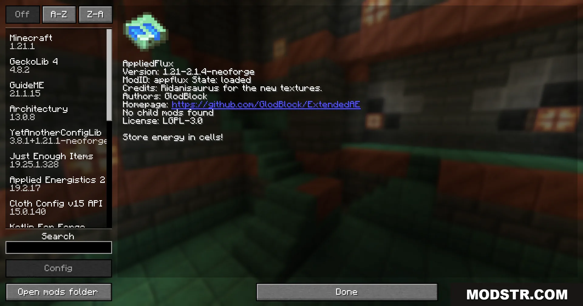 App Flux Mod Screenshot 1 Minecraft mod menu interface showing details and description for the Applied Flux mod