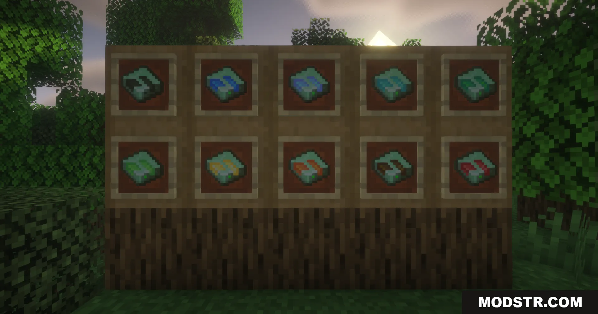 App Flux Mod Screenshot 4 Ten different energy storage cells displayed in item frames on wooden blocks