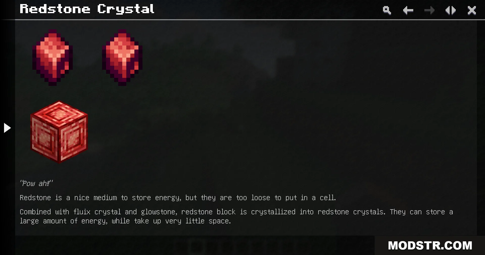 App Flux Mod Screenshot 15 Guidebook entry describing the crafting and energy storage of Redstone Crystals