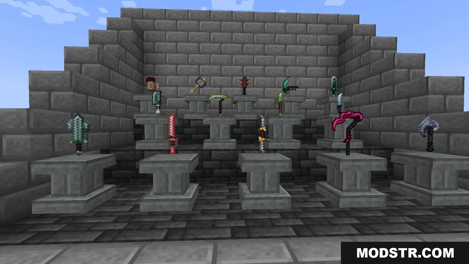 Arcane Overgrowth Mod Screenshot 2 Custom magical weapons and scythes displayed on pedestals in a stone room