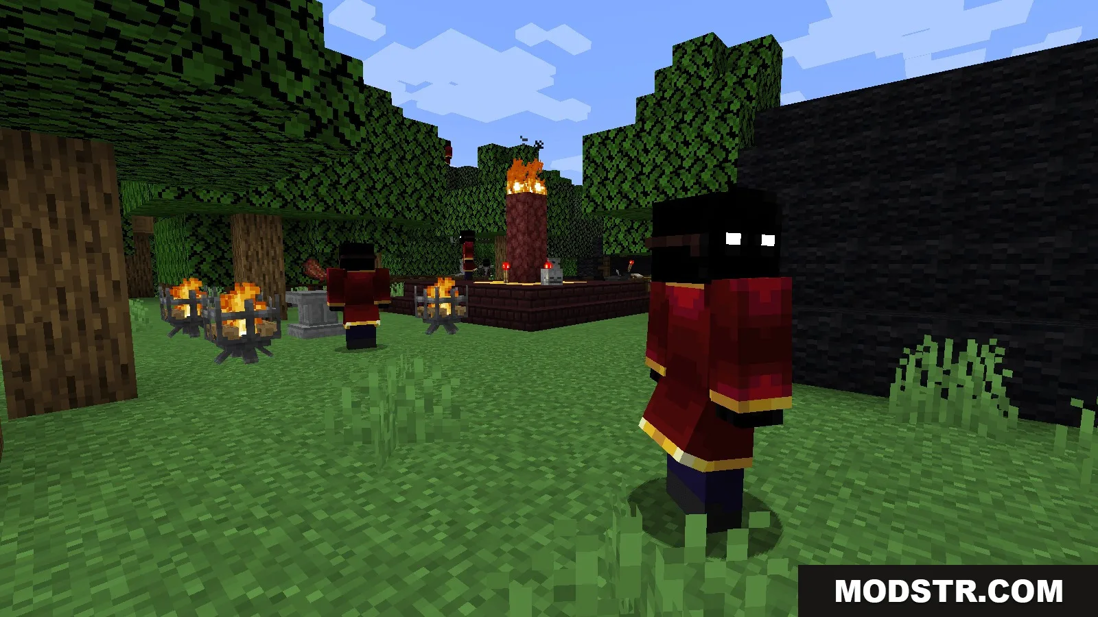 Arcane Overgrowth Mod Screenshot 4 Hostile spellcasting mobs in red robes standing in a forest clearing