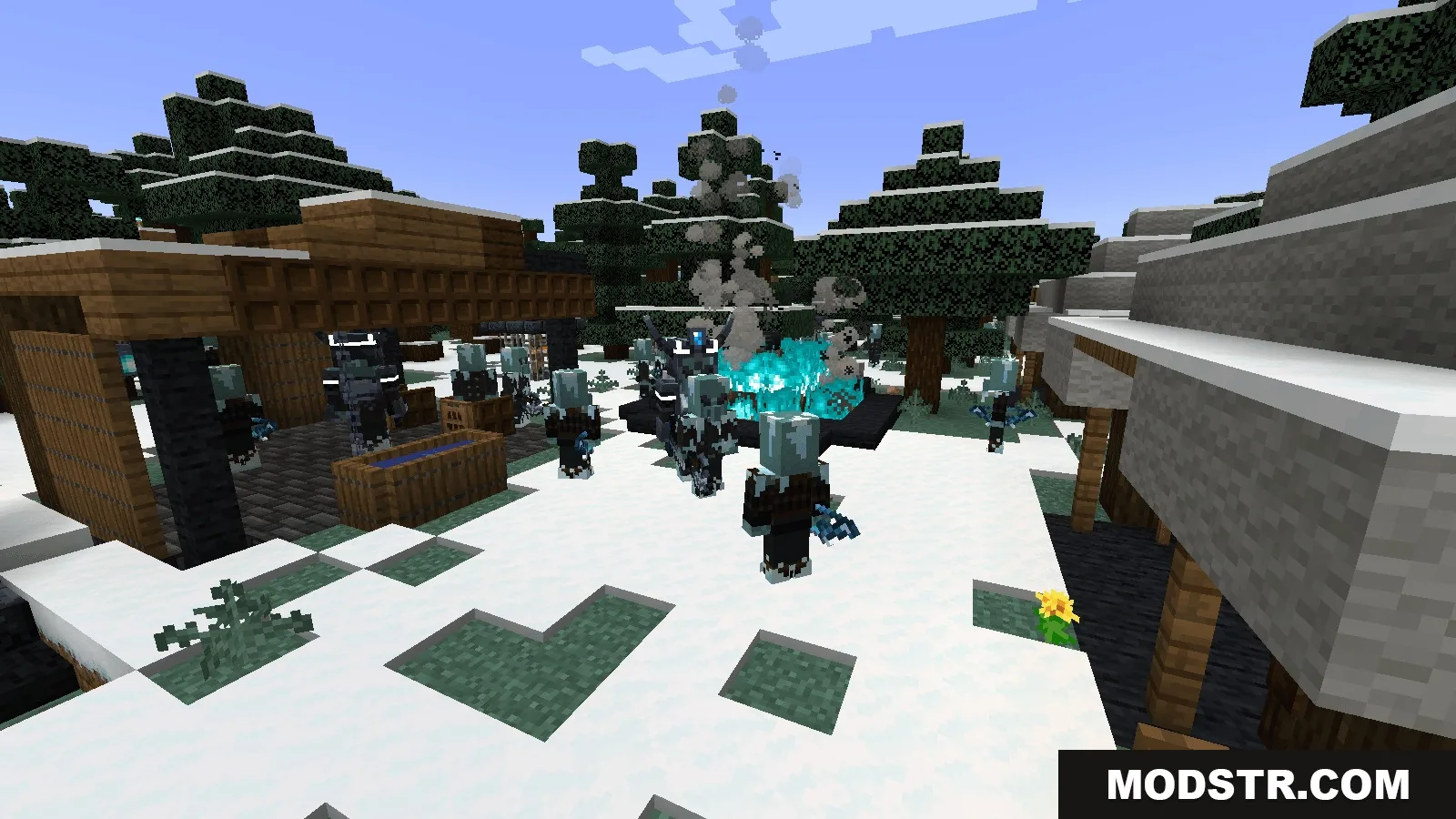 Arcane Overgrowth Mod Screenshot 3 Blue ice mobs gather around a soul campfire in a snowy village