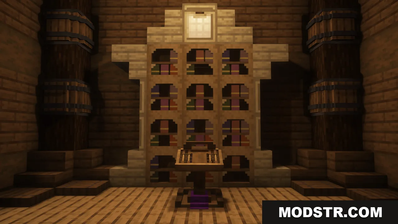 Arcle's Medieval Containers Resource Pack Screenshot 10 A large wooden bookshelf and a lectern inside a medieval style room