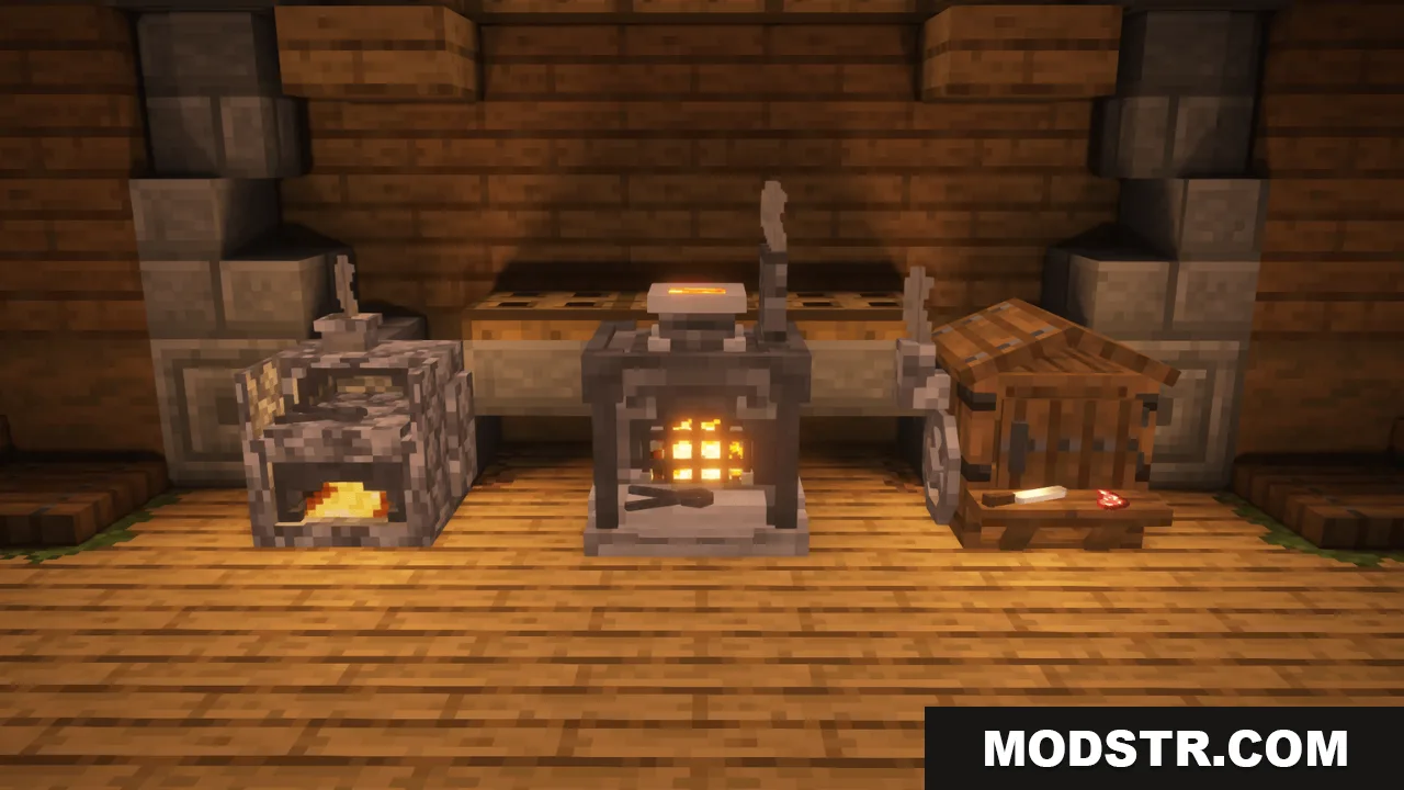 Arcle's Medieval Containers Resource Pack Screenshot 13 Three custom medieval workstations featuring a furnace and a wooden butcher table