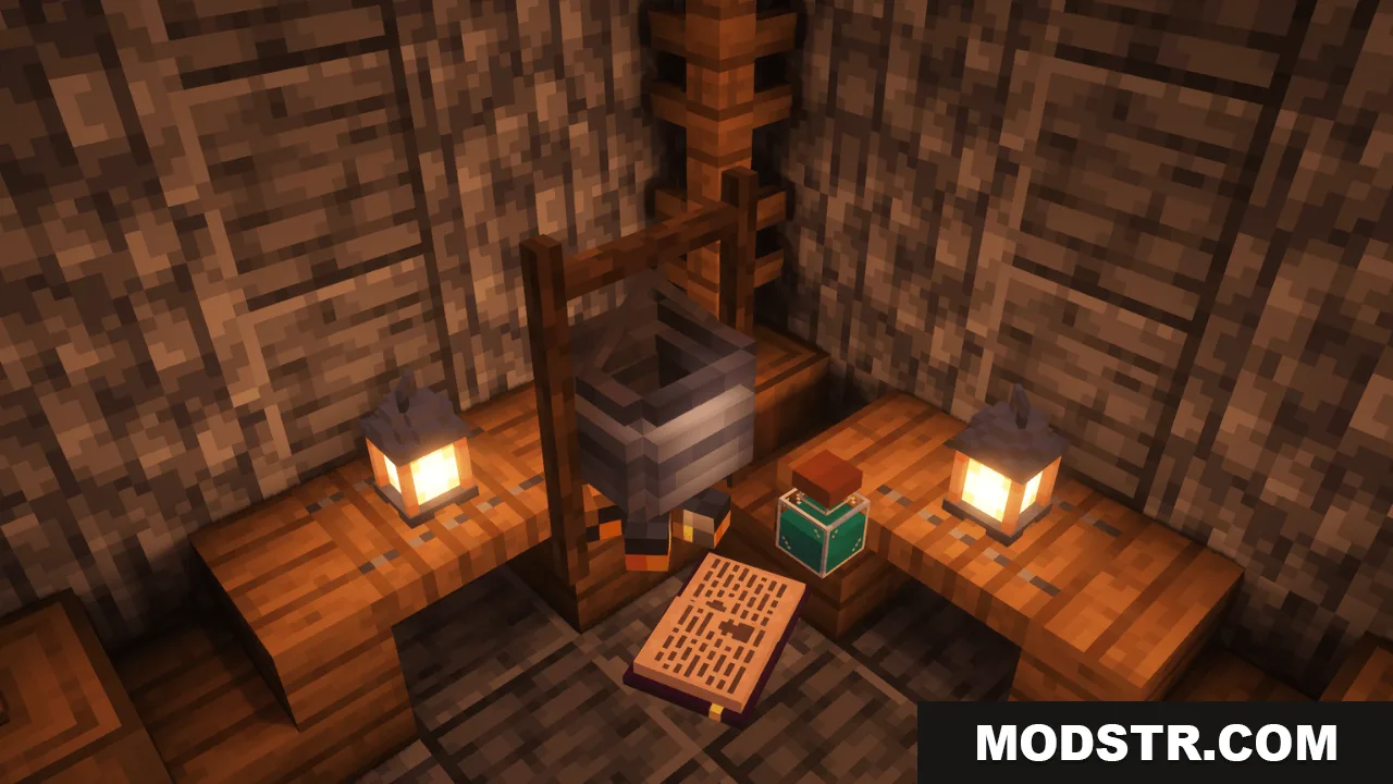 Arcle's Medieval Containers Resource Pack Screenshot 5 A medieval brewing cauldron with a potion bottle and an open book