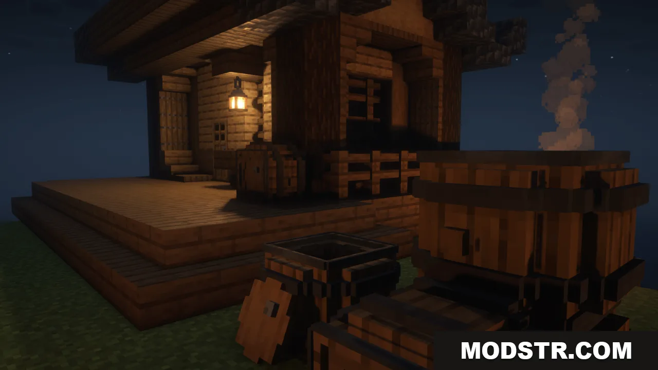 Arcle's Medieval Containers Resource Pack Screenshot 9 A rustic wooden building at night with large barrels and a lantern