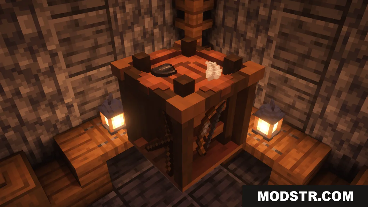 Arcle's Medieval Containers Resource Pack Screenshot 1 Arcle's Medieval Containers fletching table with feathers in a dark room