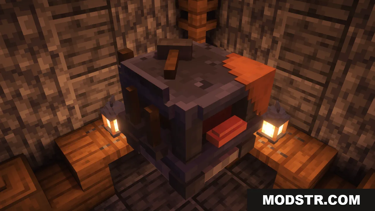 Arcle's Medieval Containers Resource Pack Screenshot 2 Medieval smithing table with a hammer and glowing hot metal ingot