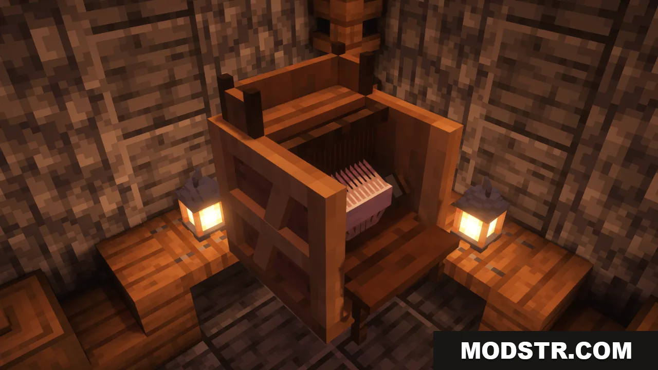 Arcle's Medieval Containers Resource Pack Screenshot 11 Detailed medieval weaving loom with pink thread inside a rustic wooden room