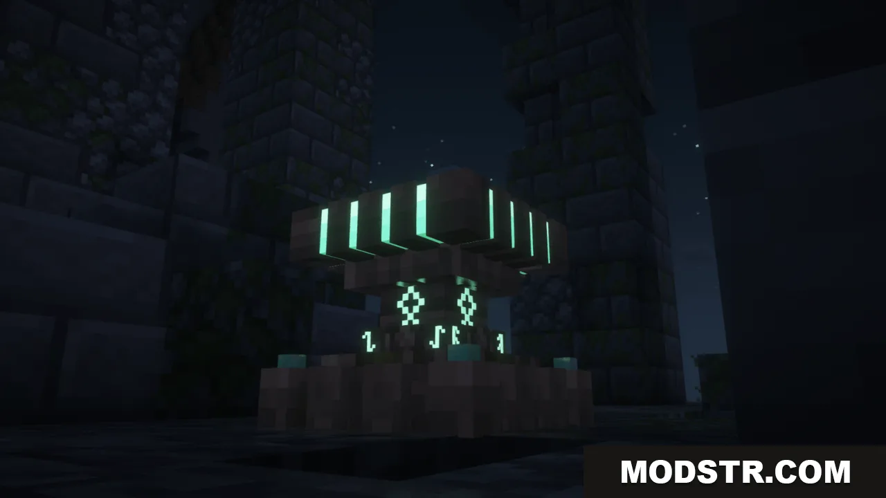 Arcle's Medieval Containers Resource Pack Screenshot 14 A glowing magical enchanting table with cyan runes inside a dark stone structure