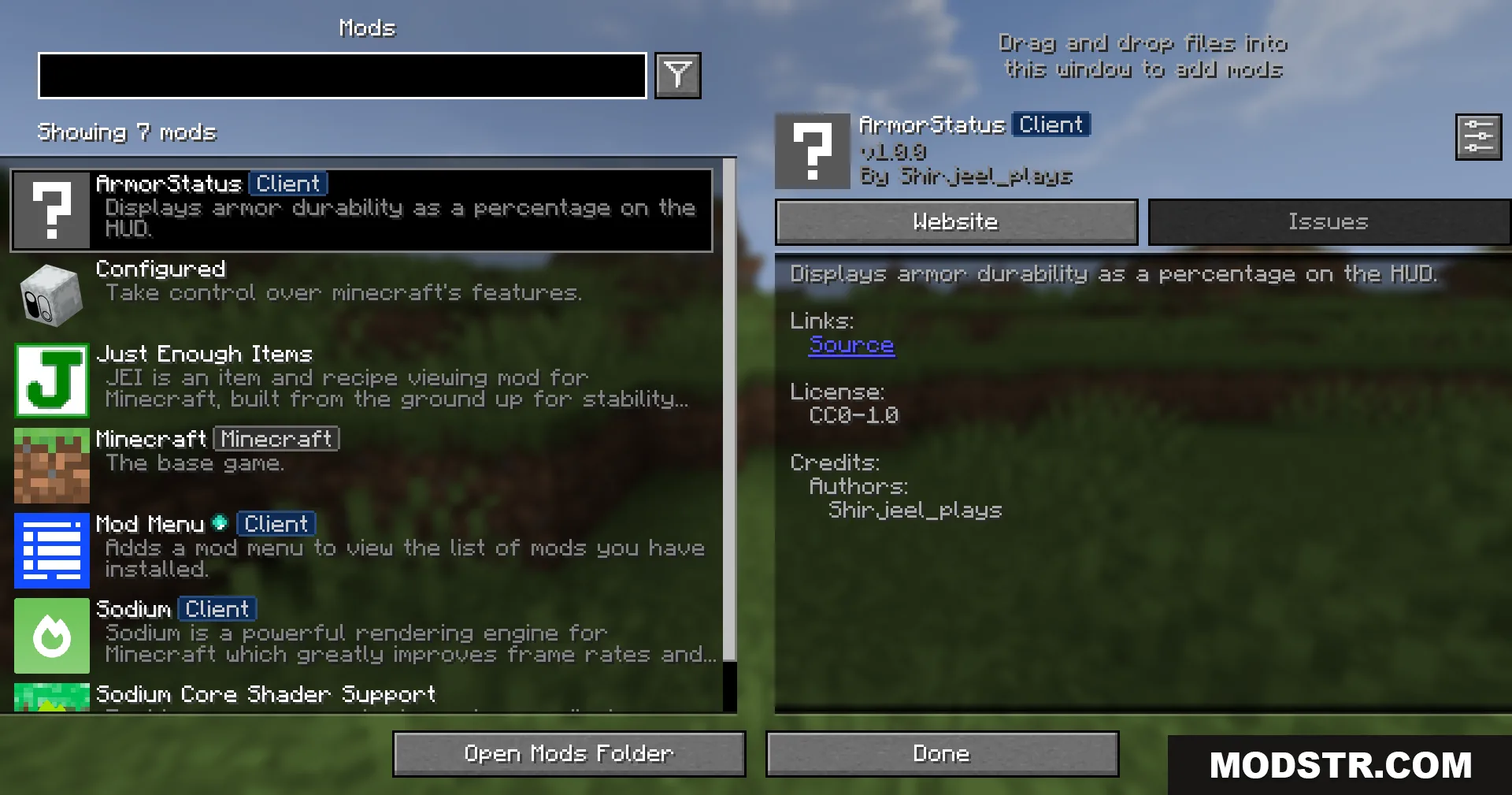 Armor Status Mod Screenshot 1 The Minecraft mod menu interface displaying information about the ArmorStatus Client mod