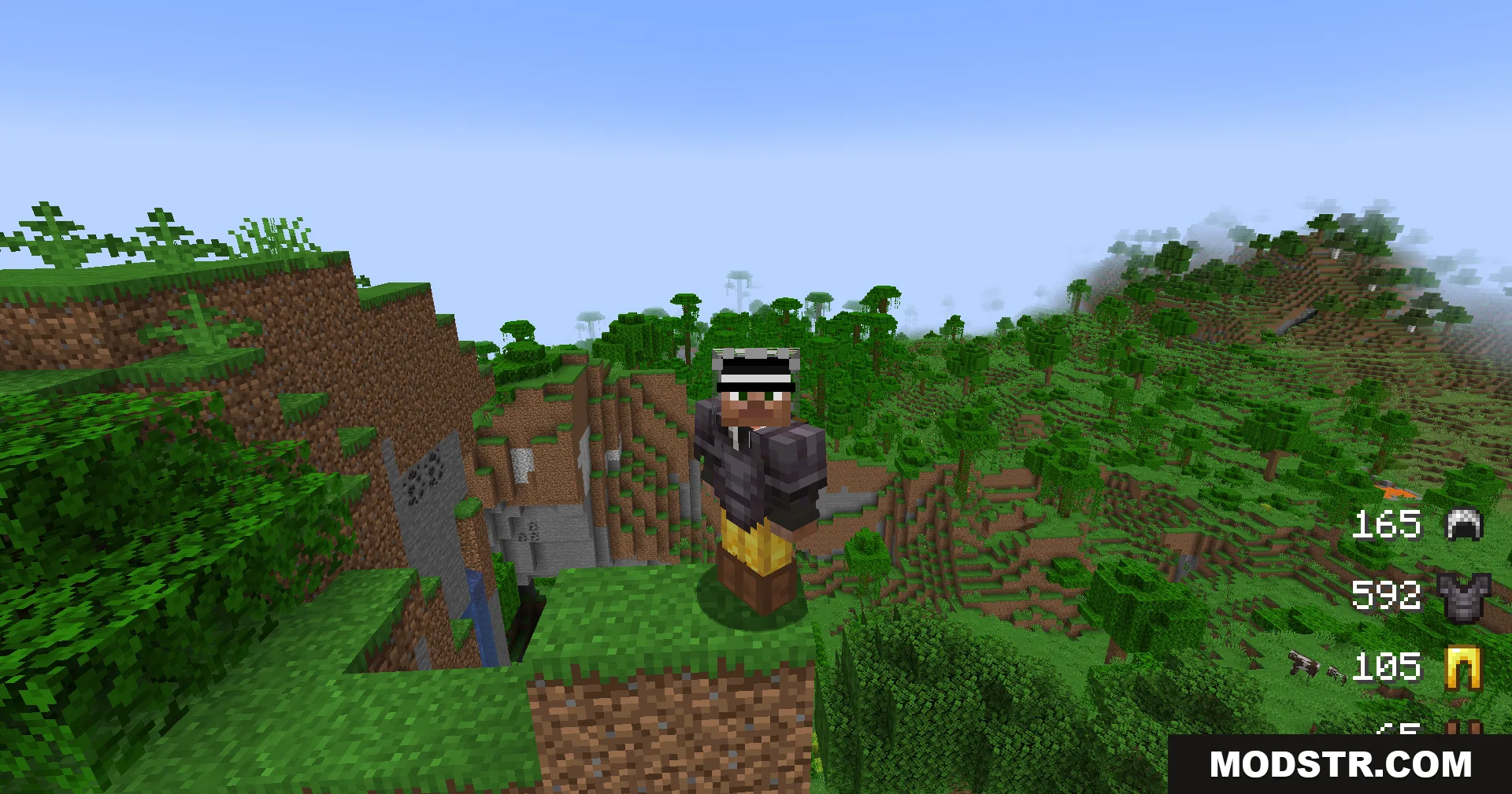 Armor Status Mod Screenshot 11 A player wearing armor stands on a dirt pillar overlooking a vast jungle