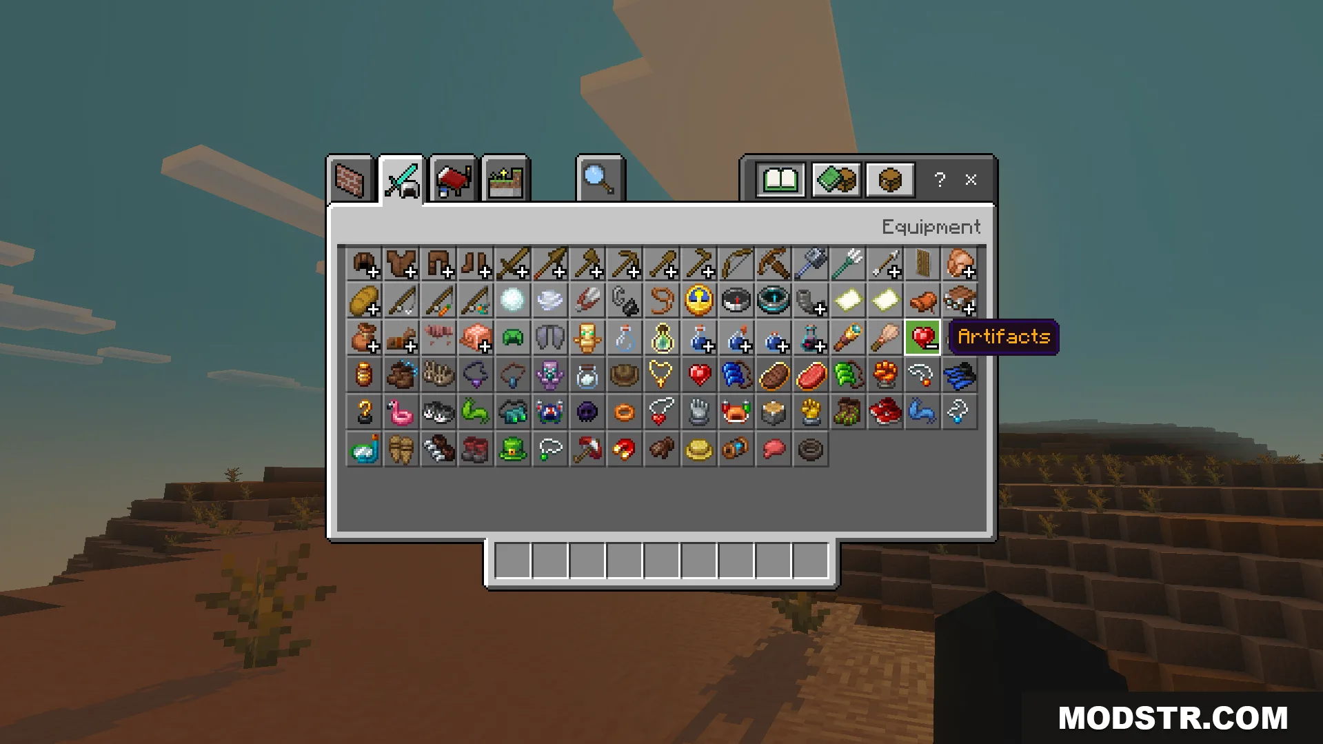 Artifacts Addon Unofficial Port Addon Screenshot 1 Creative inventory screen showing a custom tab filled with many new treasure items