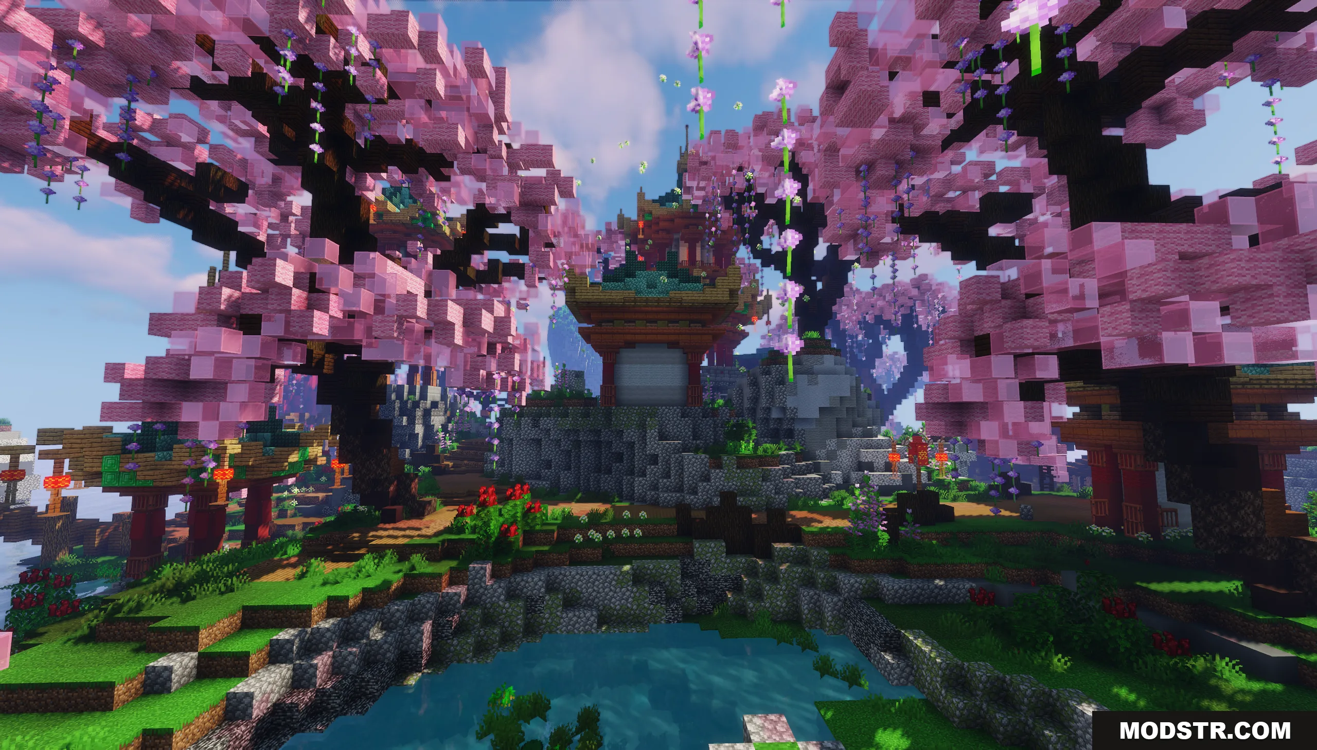 Scenic view of an Asian gate and pond under cherry blossom trees