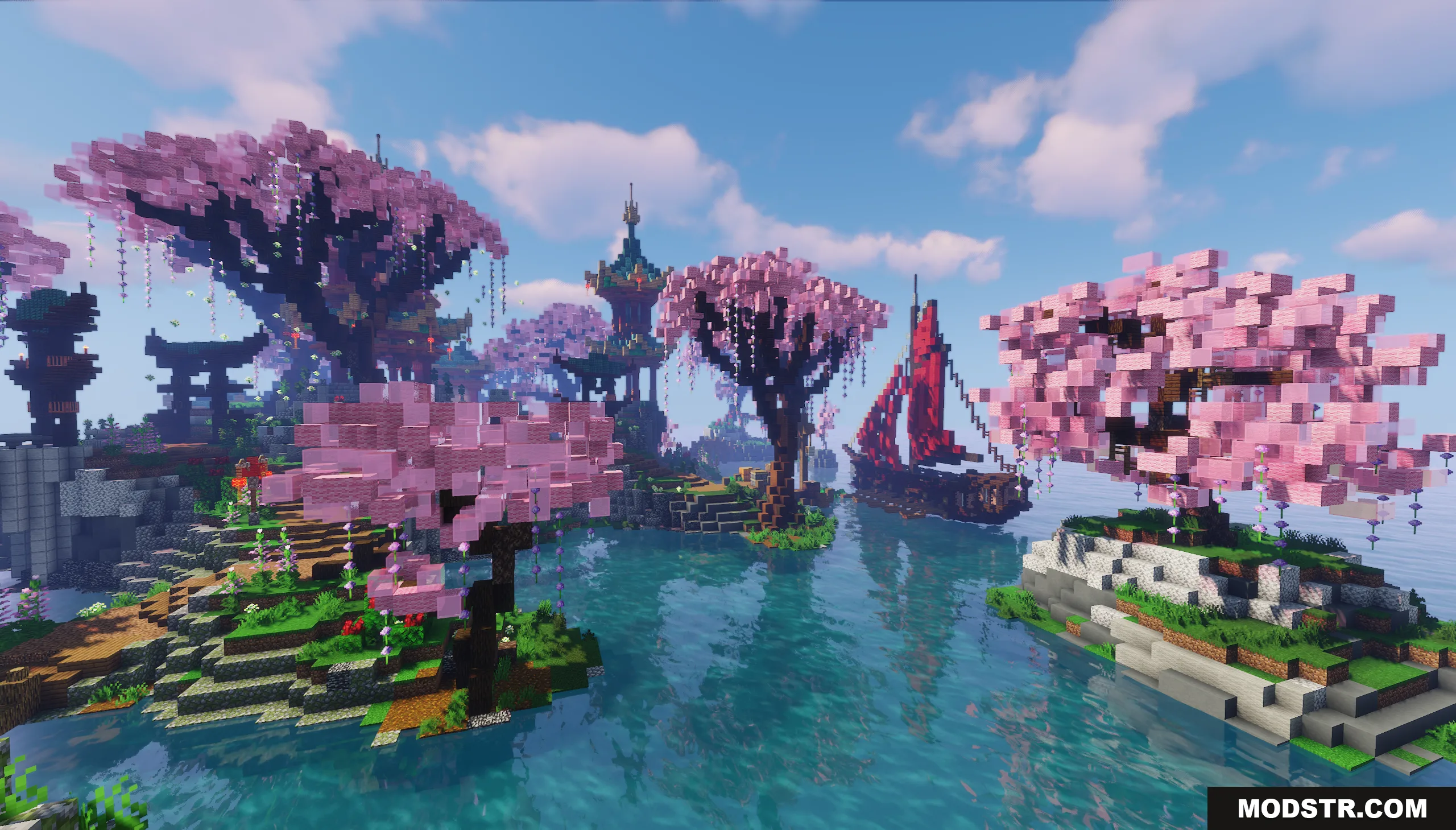 Traditional red sailed ship and cherry blossom trees near a torii gate