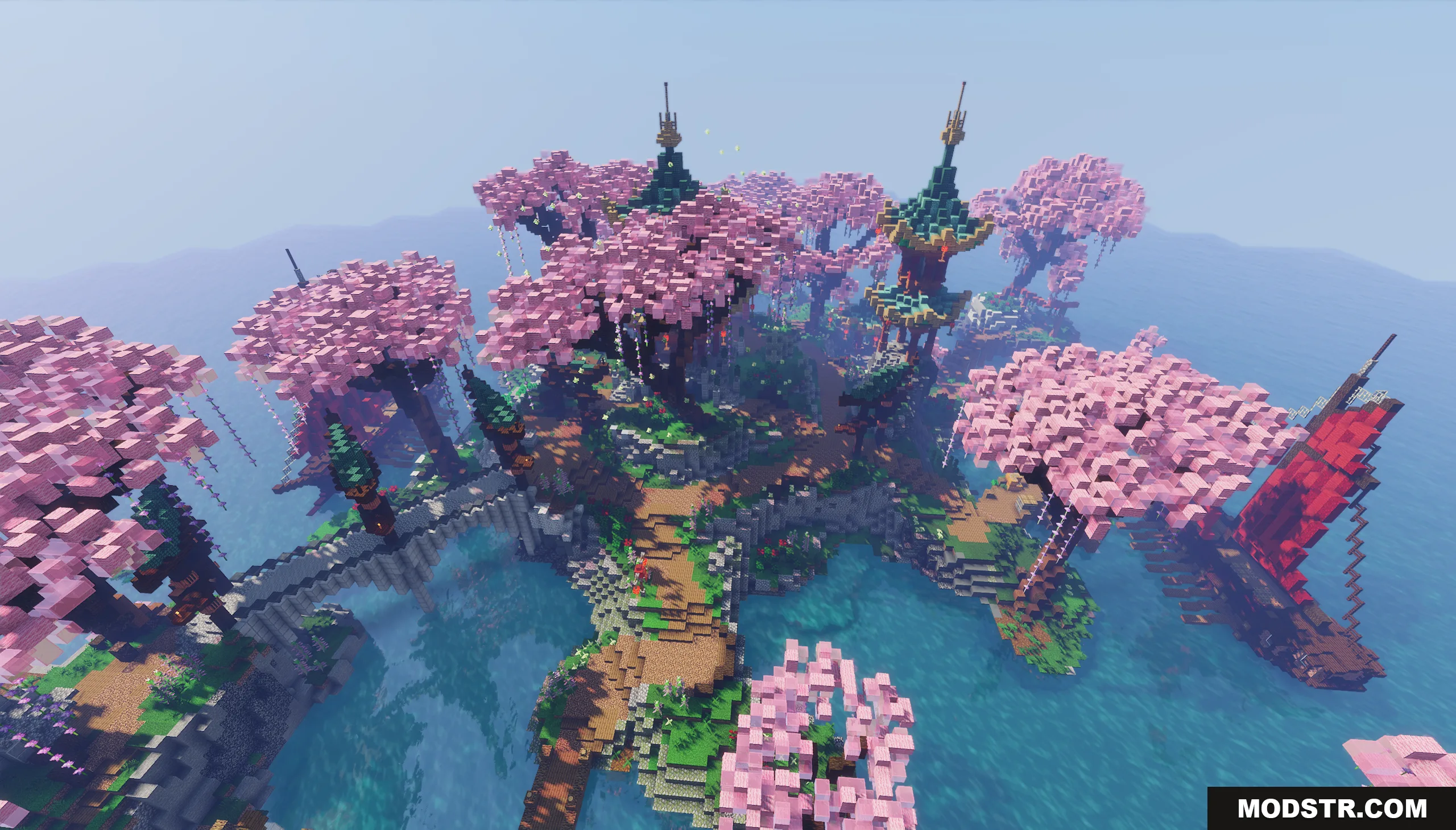 Aerial view of the Asia Theme Lobby Map with cherry blossom trees
