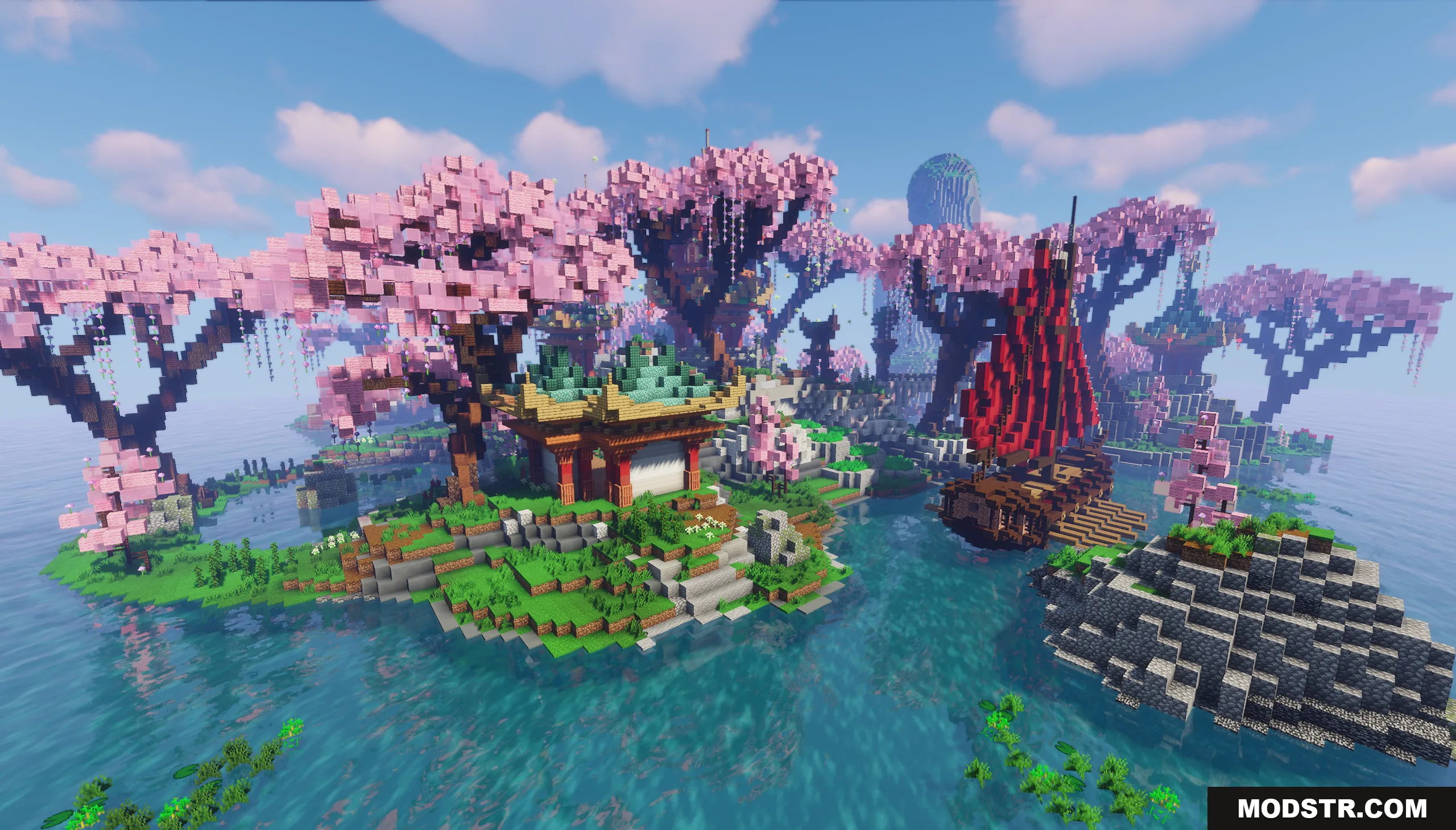 Traditional Asian pavilion on an island with a red boat and cherry blossoms