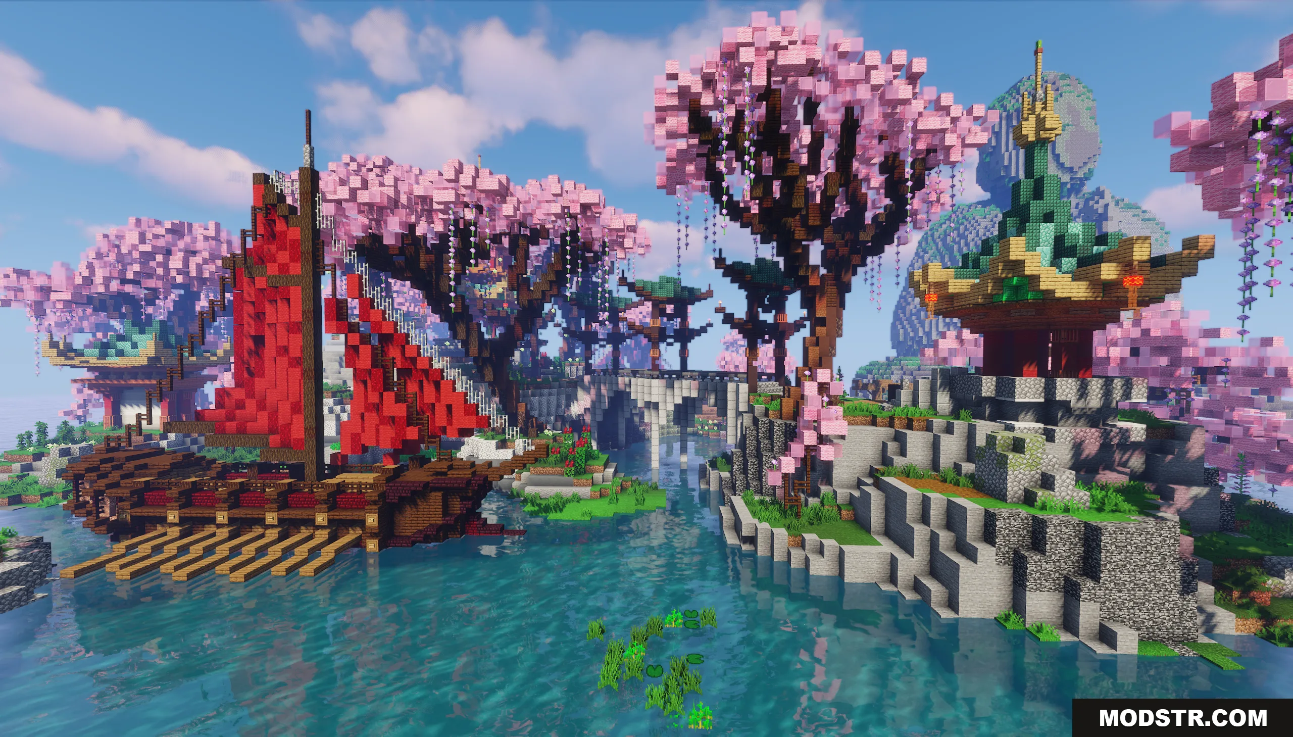 A detailed red ship floating in the water next to a green pagoda
