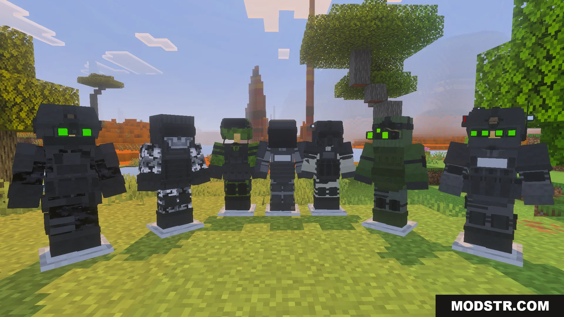 Seven unique modern military armor sets from AST Warfare Armors Addon displayed