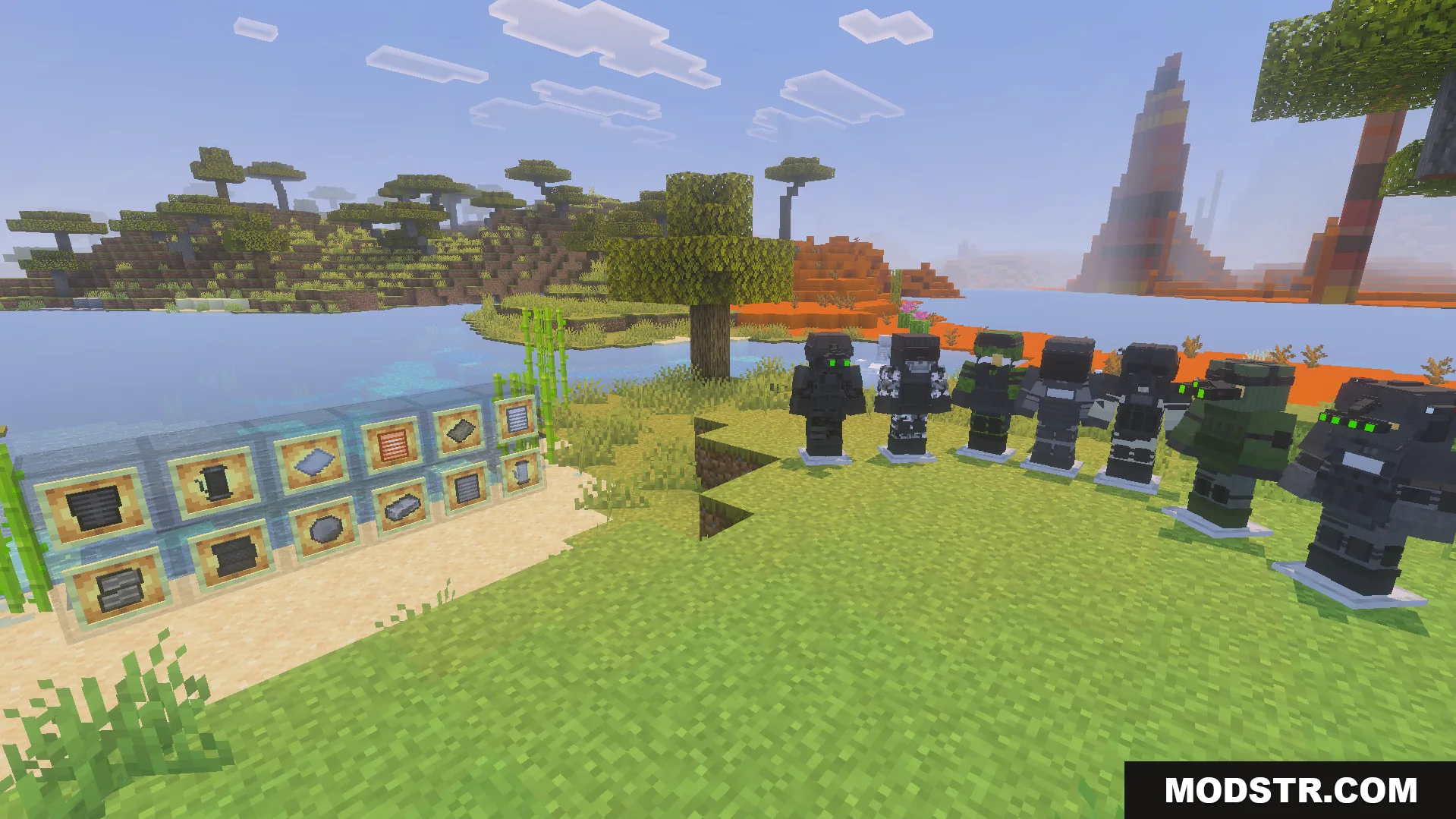 Armor stands displaying modern military gear and item frames with crafting materials