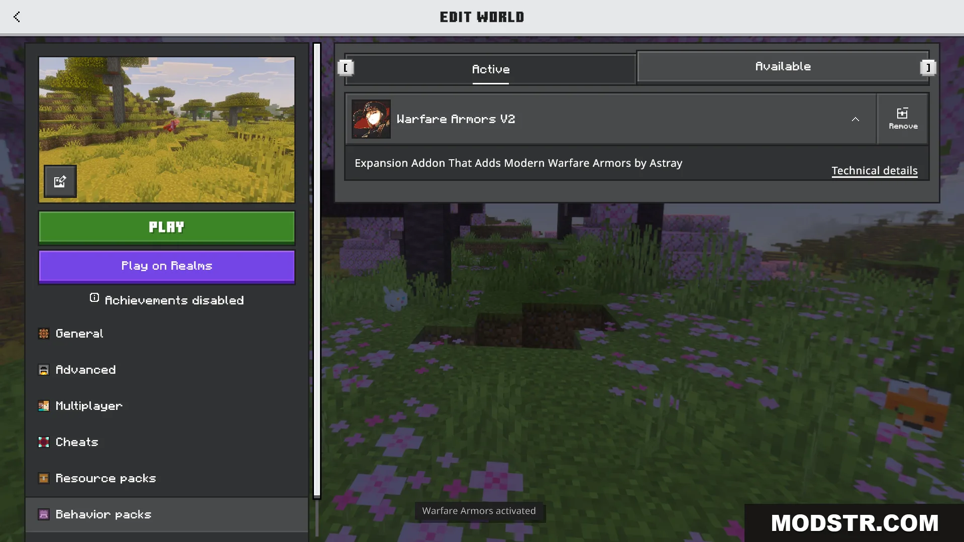 Minecraft Bedrock menu showing the Warfare Armors behavior pack activated for world