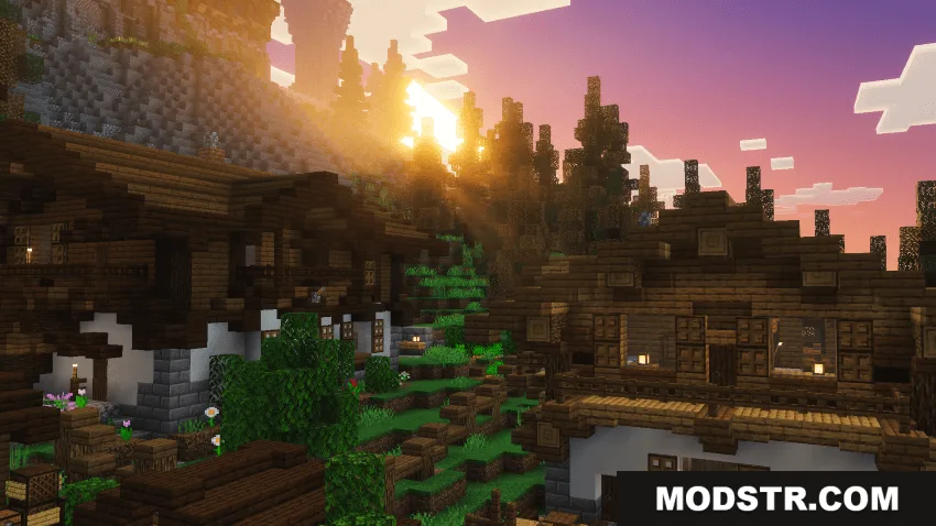 Astralex Visuals Shaders Screenshot 5 A scenic Minecraft Bedrock village featuring detailed wooden mountain houses